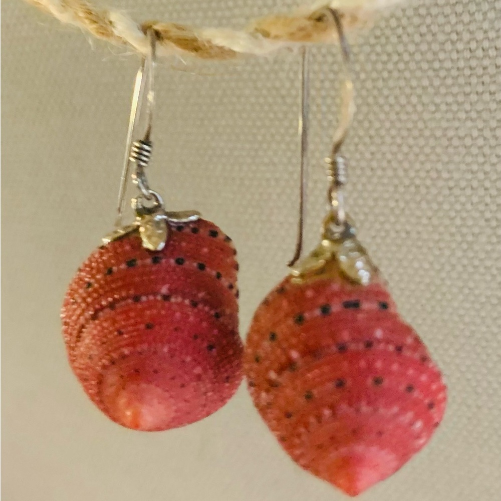 Strawberry Top Shell Drop Earrings on Silver findings
